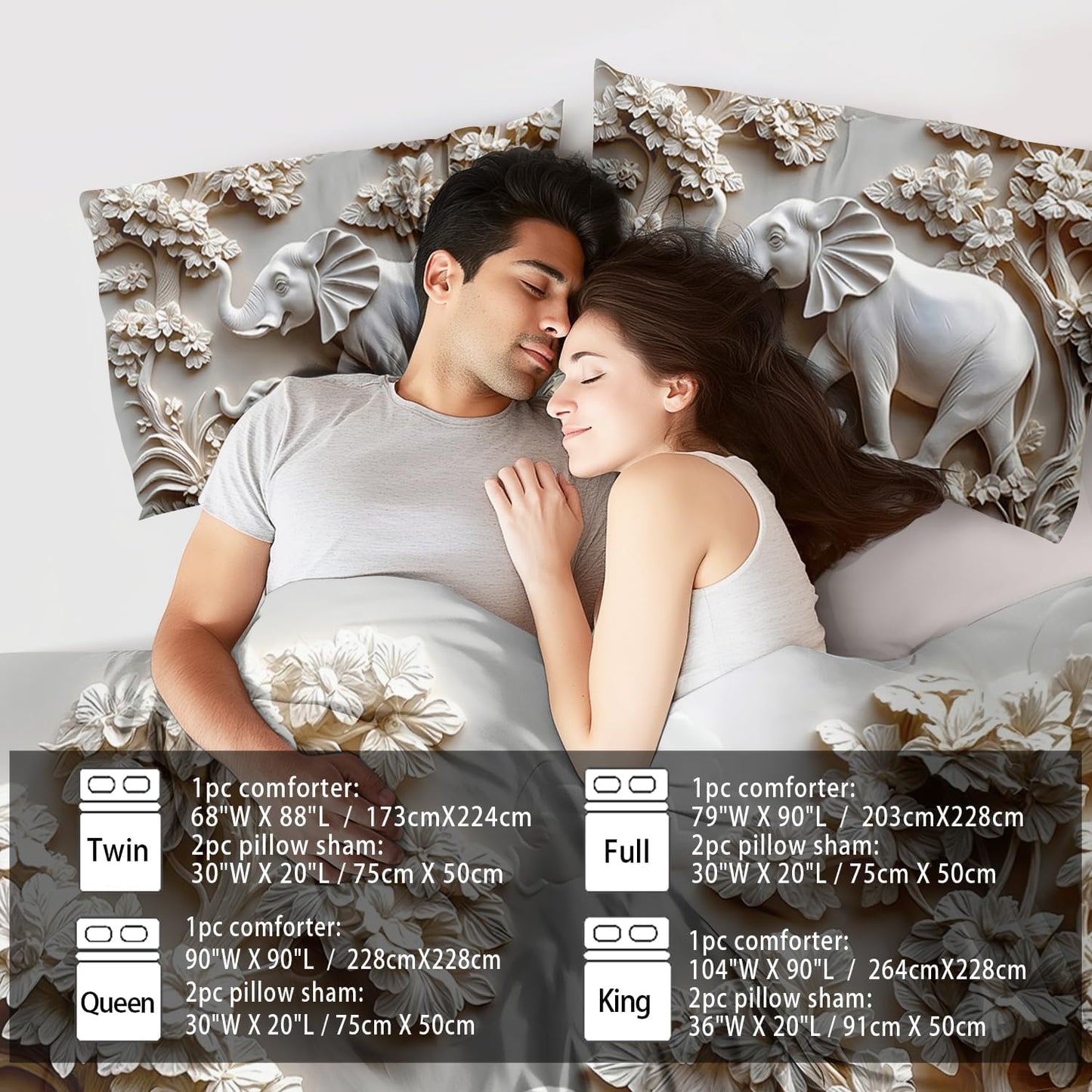 Elephant Comforter Set Twin Adult, White Animal Bedding Set Twin for Man, Cute Animal Comforter for Kids,Elephant Quilt Pattern White Bedroom Decor Womens, Relief Bedding