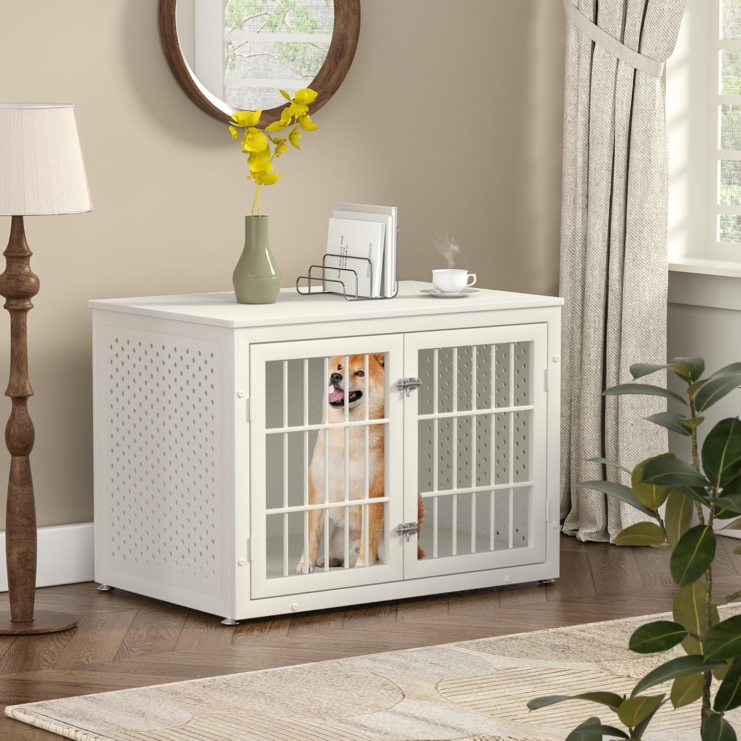 38" Heavy Duty Dog Crate Furniture for Large and Medium Dogs,Wooden Metal Kennel for High Anxiety Dogs, Chew Proof Pet Cage Indoor, Decorative Dog Kennel End Table, White