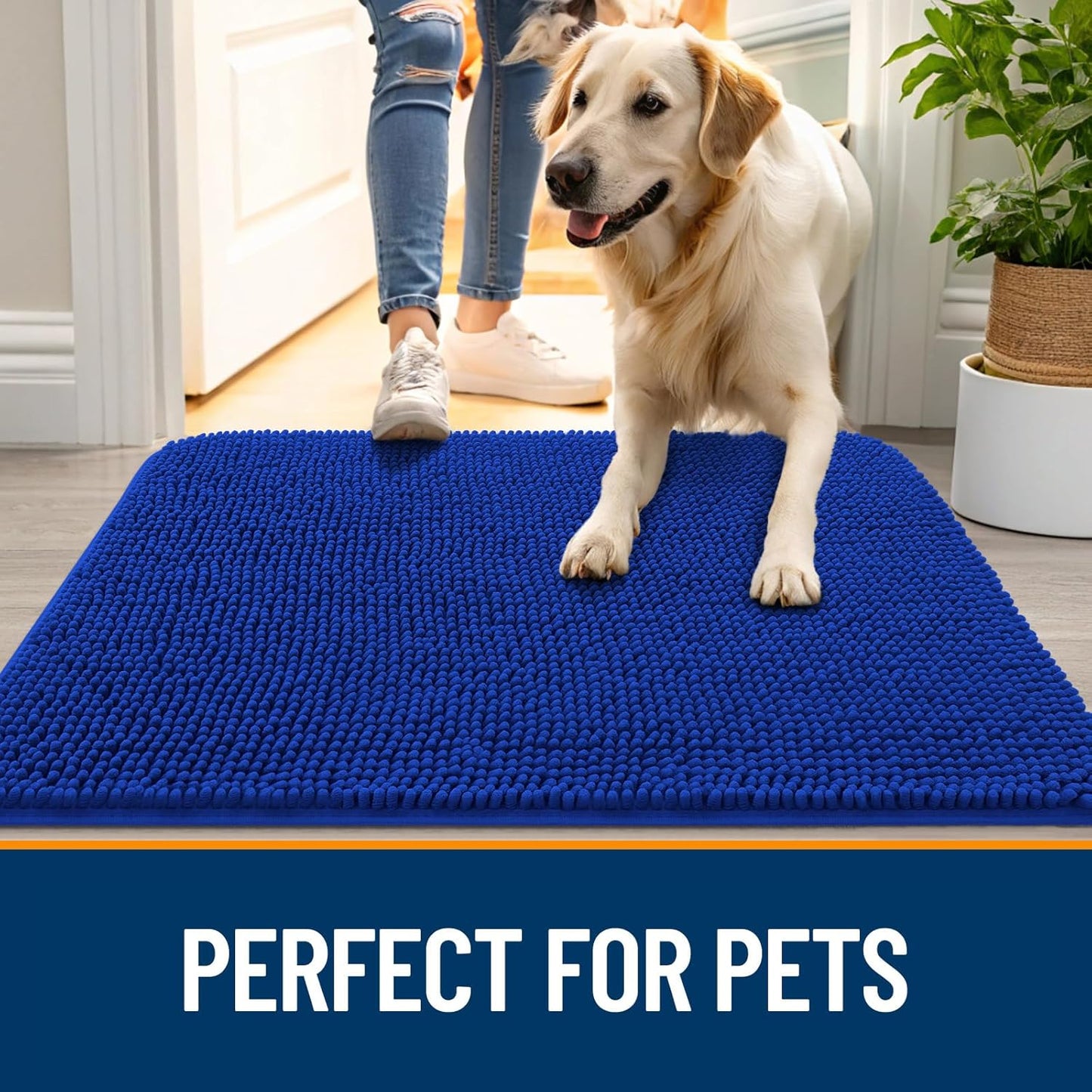 OLANLY Dog Door Mat for Muddy Paws 70x32, Absorbs Moisture and Dirt, Absorbent Non-Slip Washable Doormat, Quick Dry Chenille Mud Mat for Dogs, Entry Indoor Entryway Carpet for Inside Floor, Royal Blue