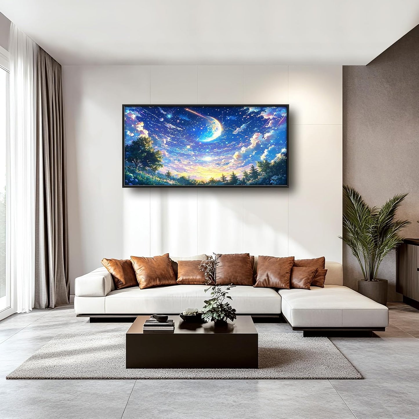Framed Large Anime Sky Wall Art for Living Room, Oversized Fantasy Night Sky Forest Wall Decor Nature Canvas Painting Modern Artwork Home Decoration for Living Room Bedroom Office 60"x30"
