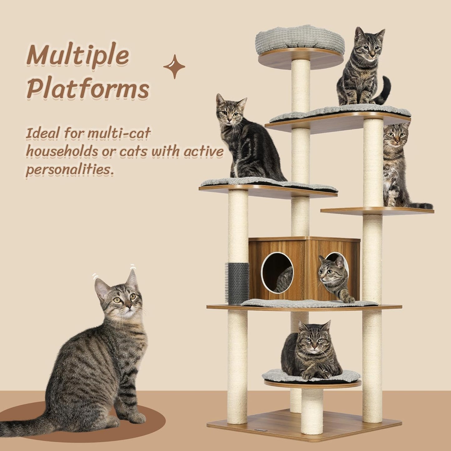 KAMABOKO Tall Wood Cat Tree, 69โ Large Cat Tower Multi-Level Platforms with Sisal Scratching Posts, Cat Tree for Large Cats 20 lbs Heavy Duty, Cat Condo Furniture for Active Cats