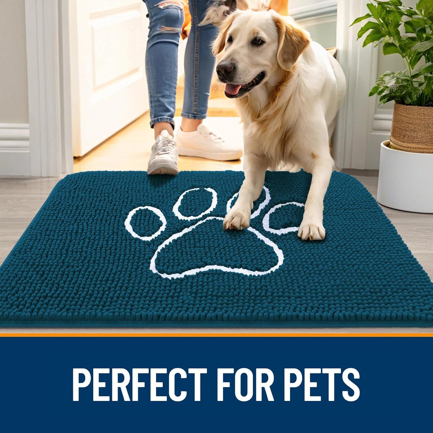 OLANLY Door Mat for Muddy Dog Paws 30x20, Absorbent Chenille Mud Doormat with Paw Print Design, Non-Slip Washable Doormat for Indoor Entryway, Quick-Dry Pet Bed Mats for Dirty Dogs, Atlantic Blue