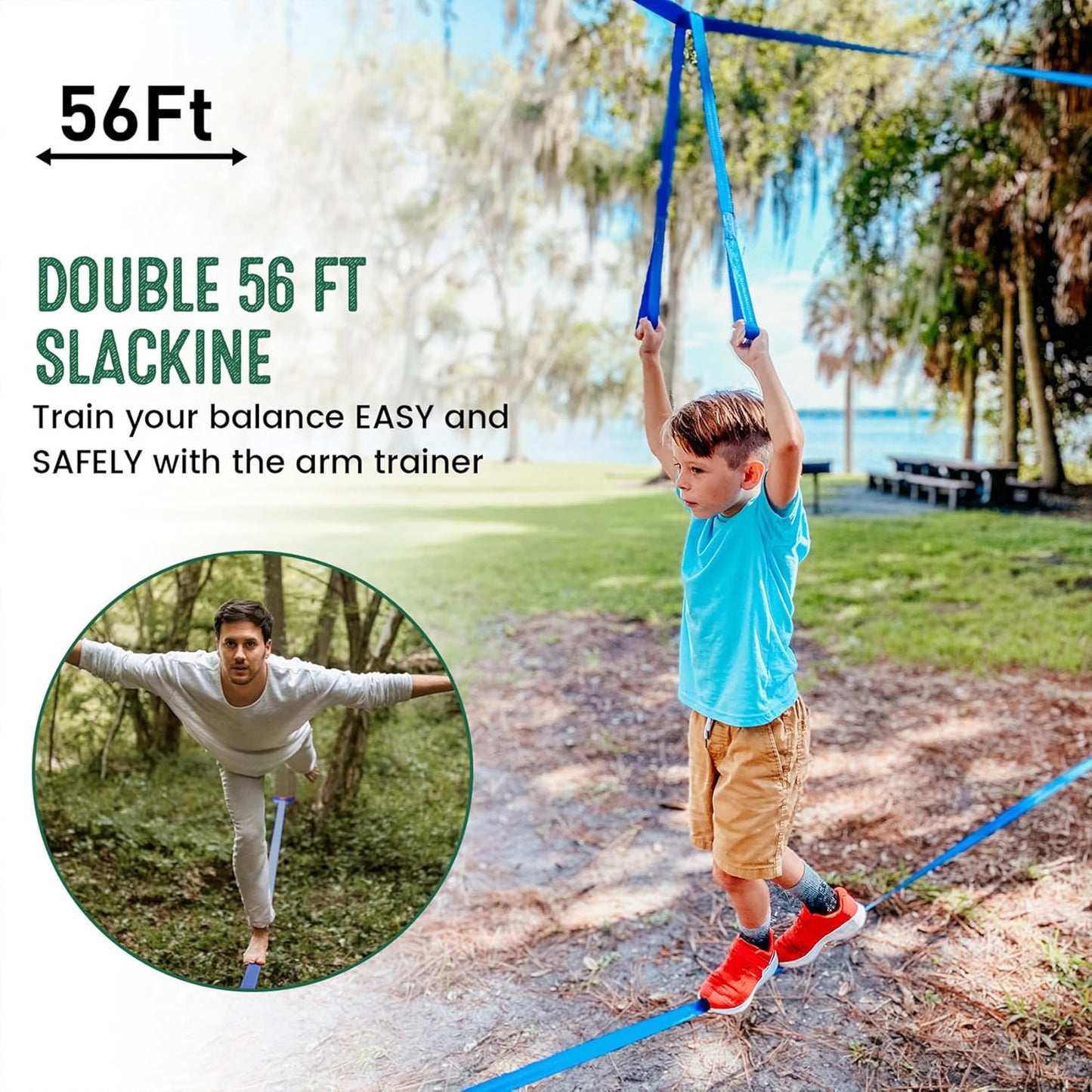 Ninja Warrior Obstacle Course for Kids, 2ร56ft Slackline Kit with 8 Ninja Accessories - Monkey Bar, Rope Ladder, Gymnastic Ring, Arm Trainer and Monkey Fist