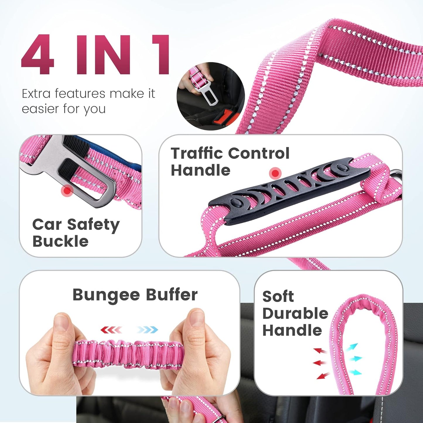 IOKHEIRA 6Ft /4Ft Dog Leash Rope for Large Dogs, Heavy Duty with Comfortable Padded Handle and Highly Reflective Threads,4-in-1 Multifunctional Dog Leashes with Car Seat Belt for Training (Pink)
