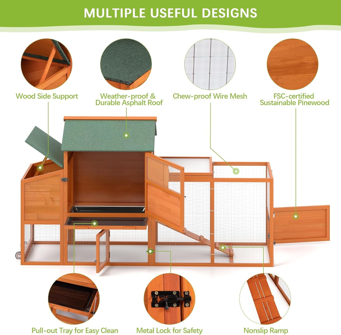 COZIWOW 82" Large Wooden Chicken Coop, Outdoor Rabbit Hutch with Wheels, Sunshine Board, Asphalt Roof, Ramp, Openable Top, Door, Window, Pull-Out Tray, Indoor Bunny Cage (Orange with Pattern)