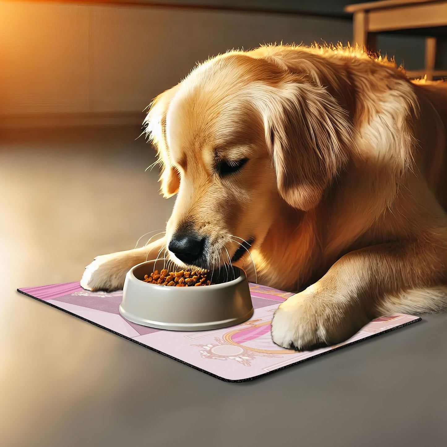 Lunarable Feminine Pet Mat for Food and Water, Design in The Palace of The Cartoon Bathtub Cabinet Mirror Washroom, Non-Slip Rubber Mat for Dogs and Cats, 18" X 12", Beige Pink