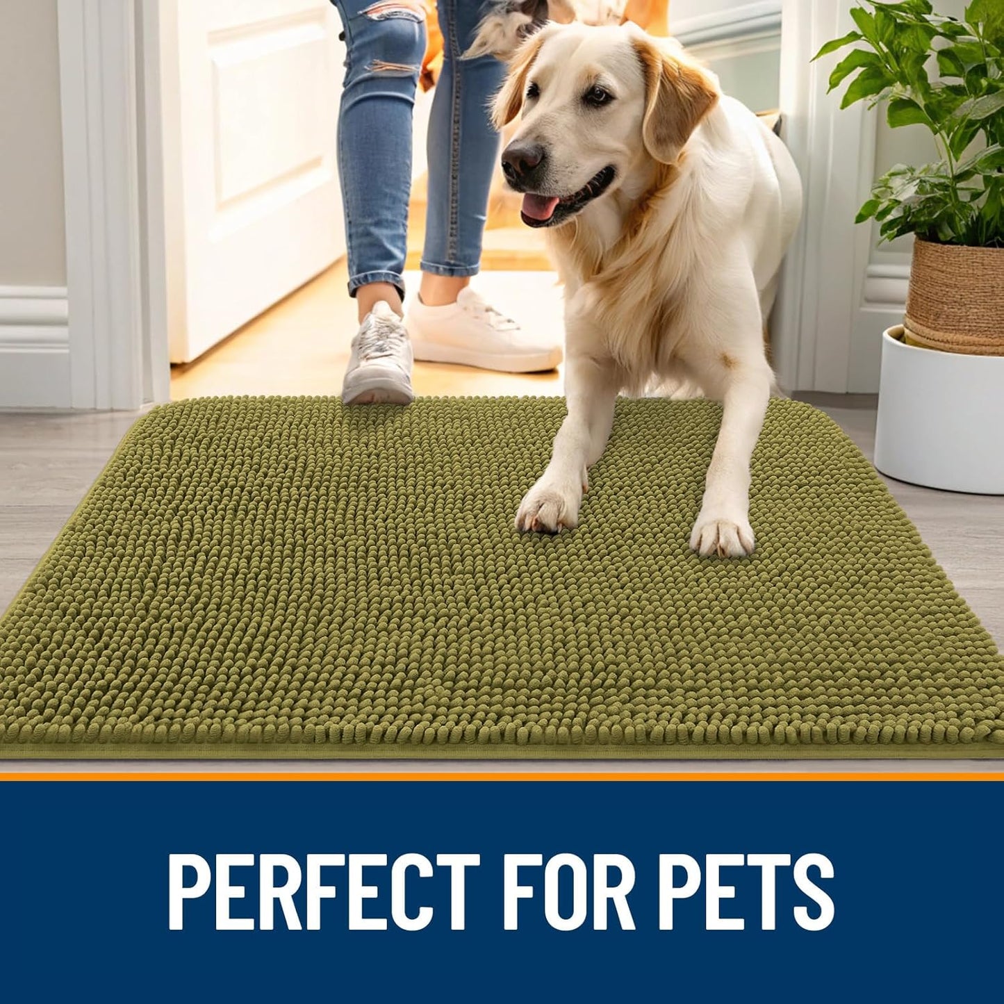 OLANLY Dog Door Mat for Muddy Paws 24x16, Absorbs Moisture and Dirt, Absorbent Non-Slip Washable Doormat, Quick Dry Chenille Mud Mat, Entry Indoor Entryway Carpet for Inside Floor, Willow Green