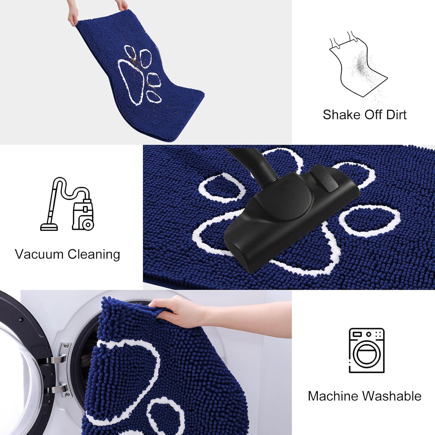 Smiry Dog Door Mat for Muddy Paws, Absorbent Dirt Trapper Non Slip Quick Dry Washable Chenille Mat for Mud Dogs, Entry Rug for Indoor and Outdoor (24x16 Inches, Navy Blue)