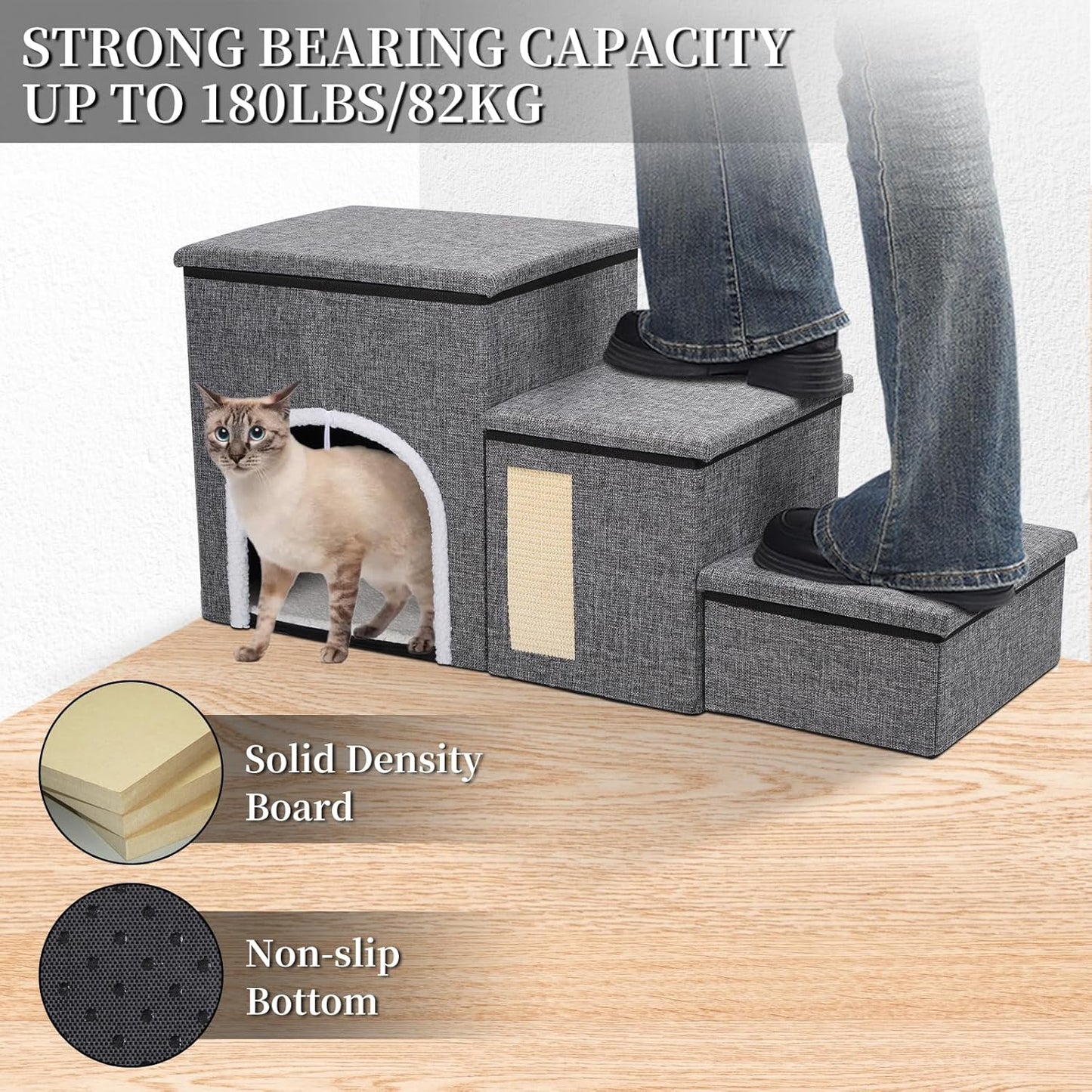 Upgrade XL Dog Stairs for Bed and Couch, 35.5"L x 13.8"D x 17"H, Foldable Dog Steps with Wider Stairs, Large Condo, Storage Space, Pet Stairs Steps for Cats, Small/Older Large Dogs, Hold Up to 180lbs