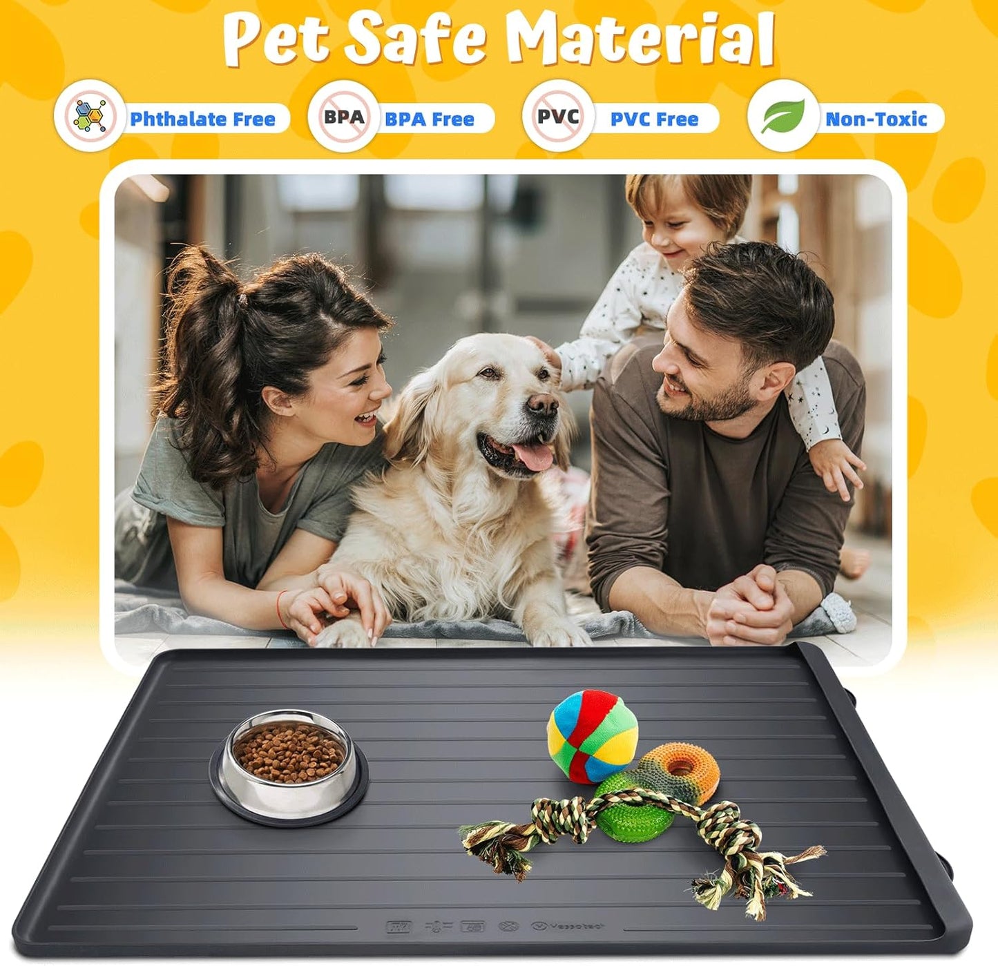 Dog Feeding Mat - 39''x27'' Large Silicone Pet Food Mats with Residue Collection Pocket and High Edges, Floors Waterproof Dog Cat Bowl Mat Prevent Water Food Spills, Black