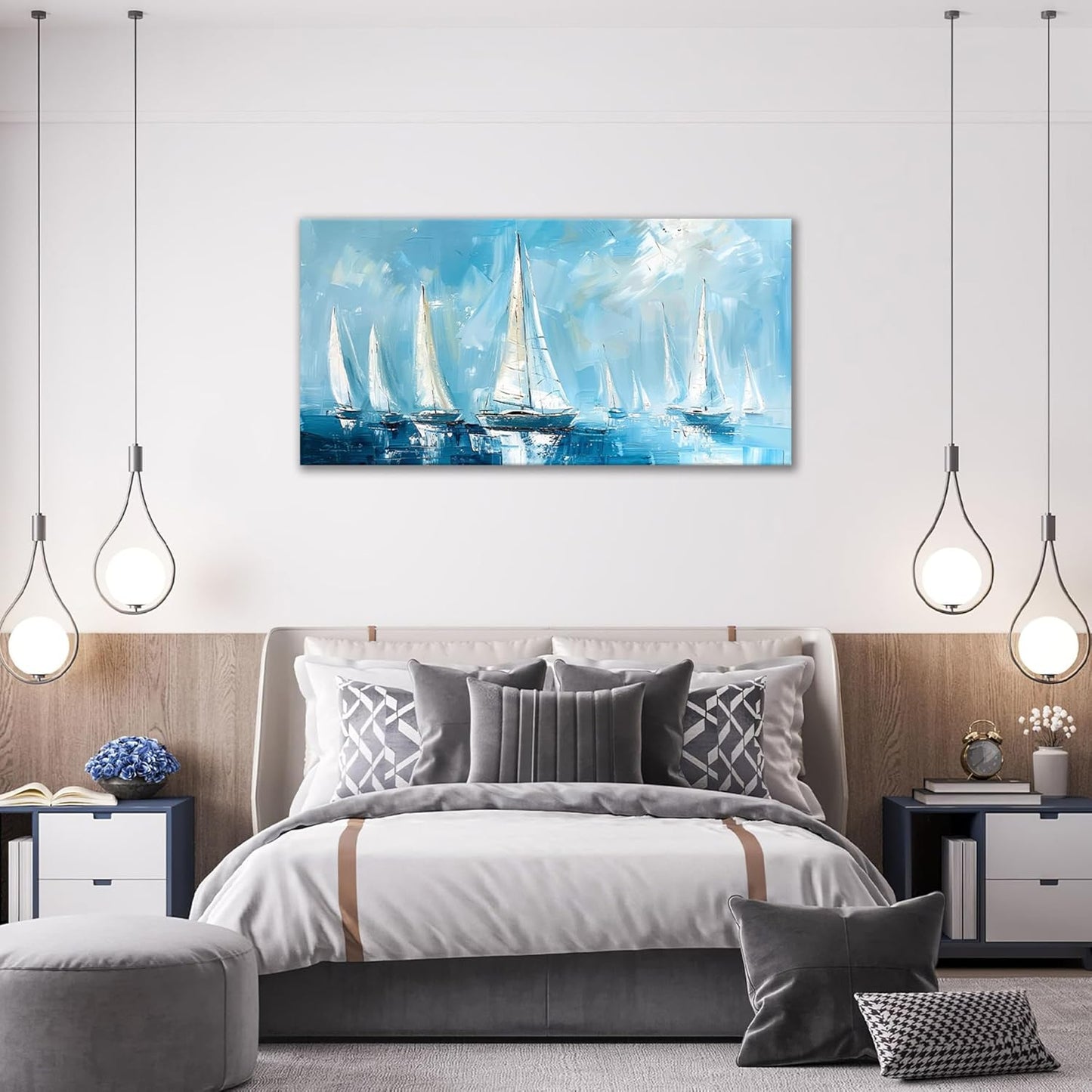 Large Blue and White Sailboat Wall Art Nautical Sails Canvas Living Room Ocean Pictures Framed Prints Oversize Wall Decor Painting Artwork for Bedroom Dining Office Home 60"x30"