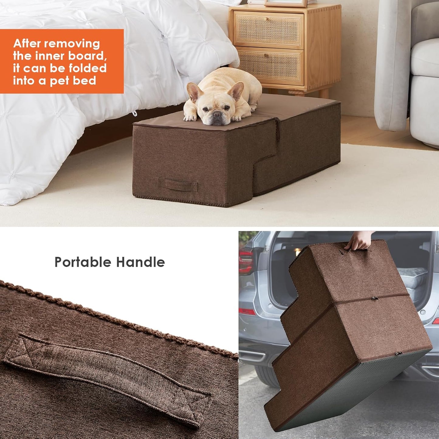 EHEYCIGA Dog Stairs for Bed 20" H, 4-Step Extra Wide Dog Steps for High Bed, Pet Steps for Small Dogs and Cats, Non-Slip Balanced Pet Ramp Indoor, Brown