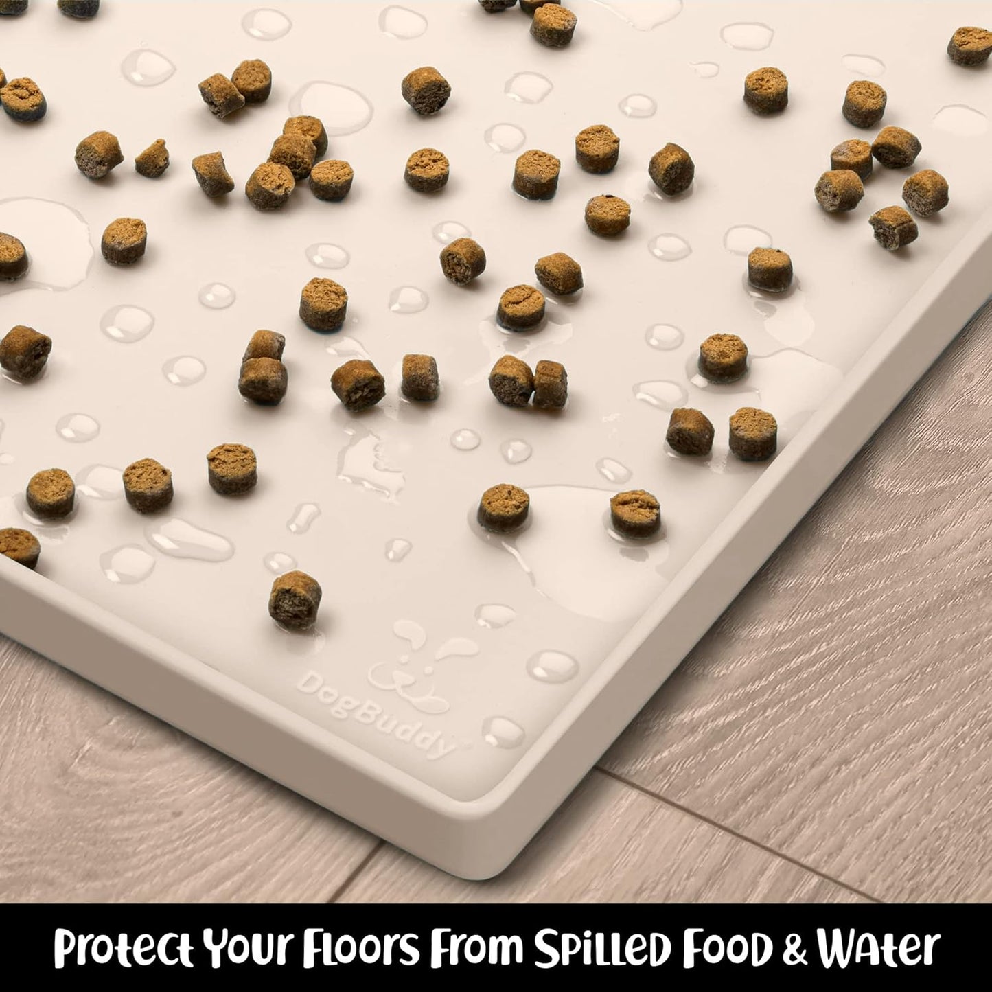 DogBuddy Dog Food Mat – Waterproof Dog Bowl Mat for Food and Water, Silicone Pet Feeding Mats for Floors, Non-Slip Placemat with High Edges for Dogs Bowls, Puppy Essentials (L: 24" x 16", Vanilla)