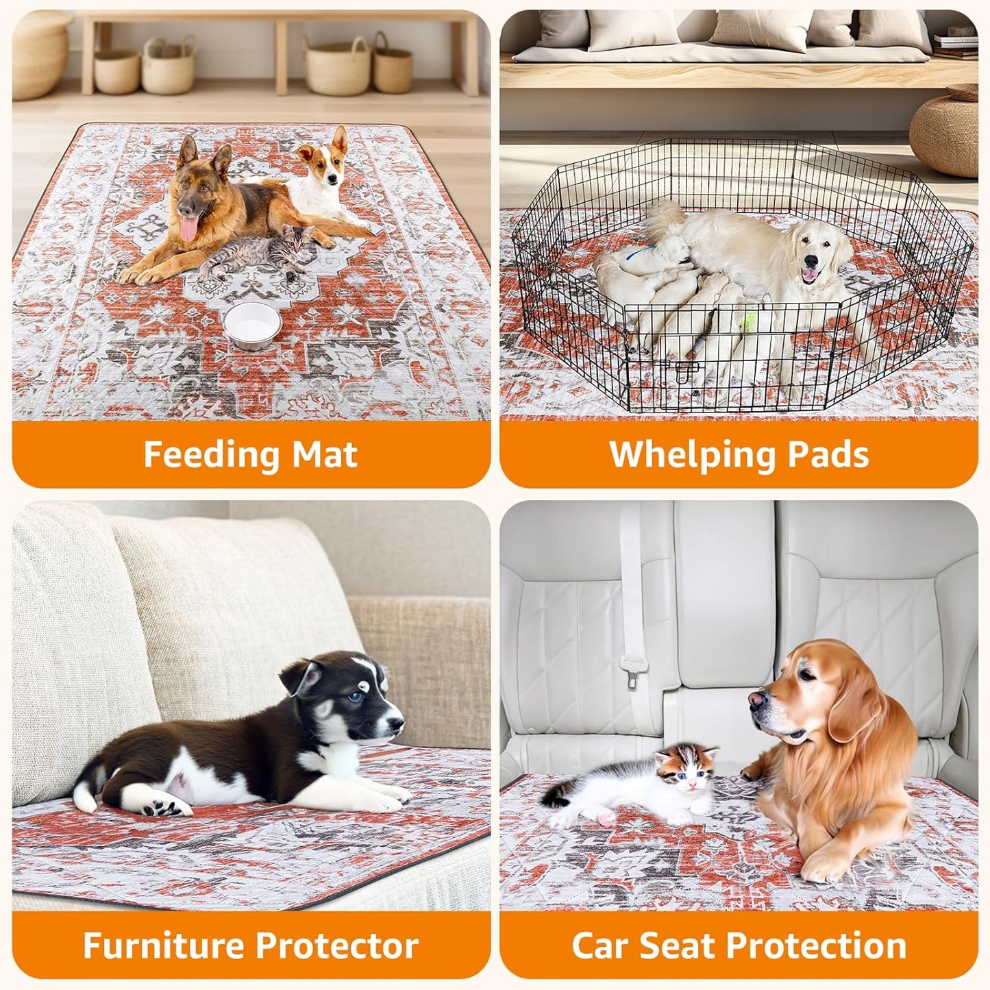 LOOBANI Washable Pee Pads for Dogs, 2 Pack Super Absorbent Reusable Puppy Pads Leakproof Dog Traning Pads, Waterproof Non-Slip Whelping Pad for Floor, Playpen, Crate, Couch-36 x36 (Red-Orange)