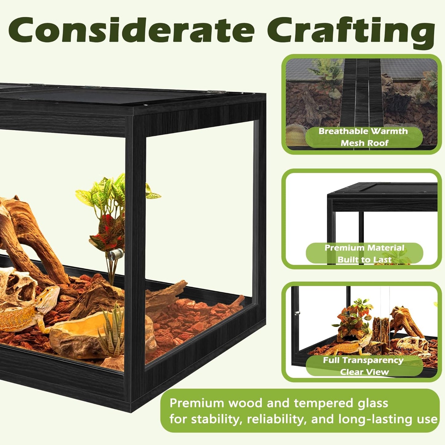Prolee Tempered Glass Bearded Dragon Tank,Reptile Encloure and Snake Tank with Metal Mesh Roof Door,Locking Design Reptile Tank for Lizard,Gecko,Chameleon (Black, 63 Gallon (40x20x20 Inch))