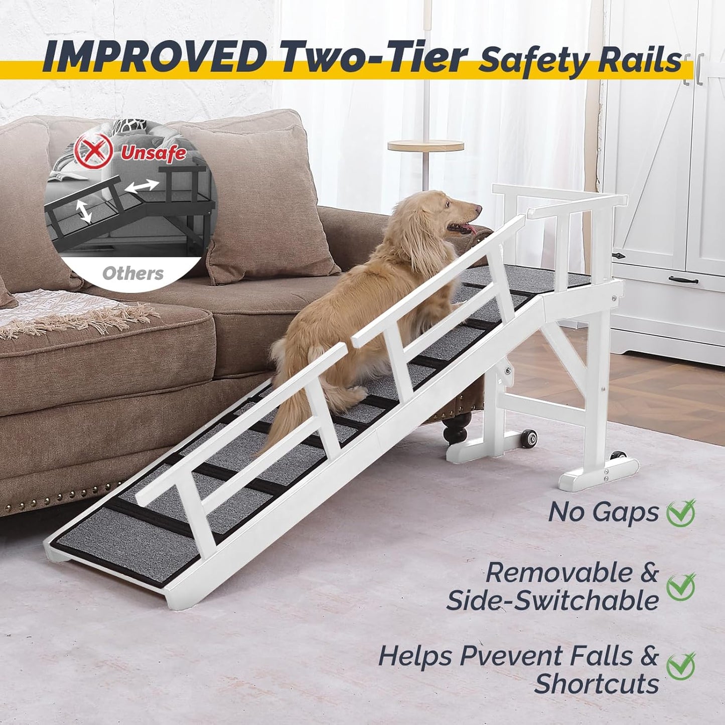 Dog Ramp for Bed or Couch, Wooden Pet Ramp with 20° Gentle Slope, Removable Side Rails, Non-Slip Surface, Top Platform & Wheels, Safe Bed Ramp for Small, Medium & Senior Dogs, 60" Long, White