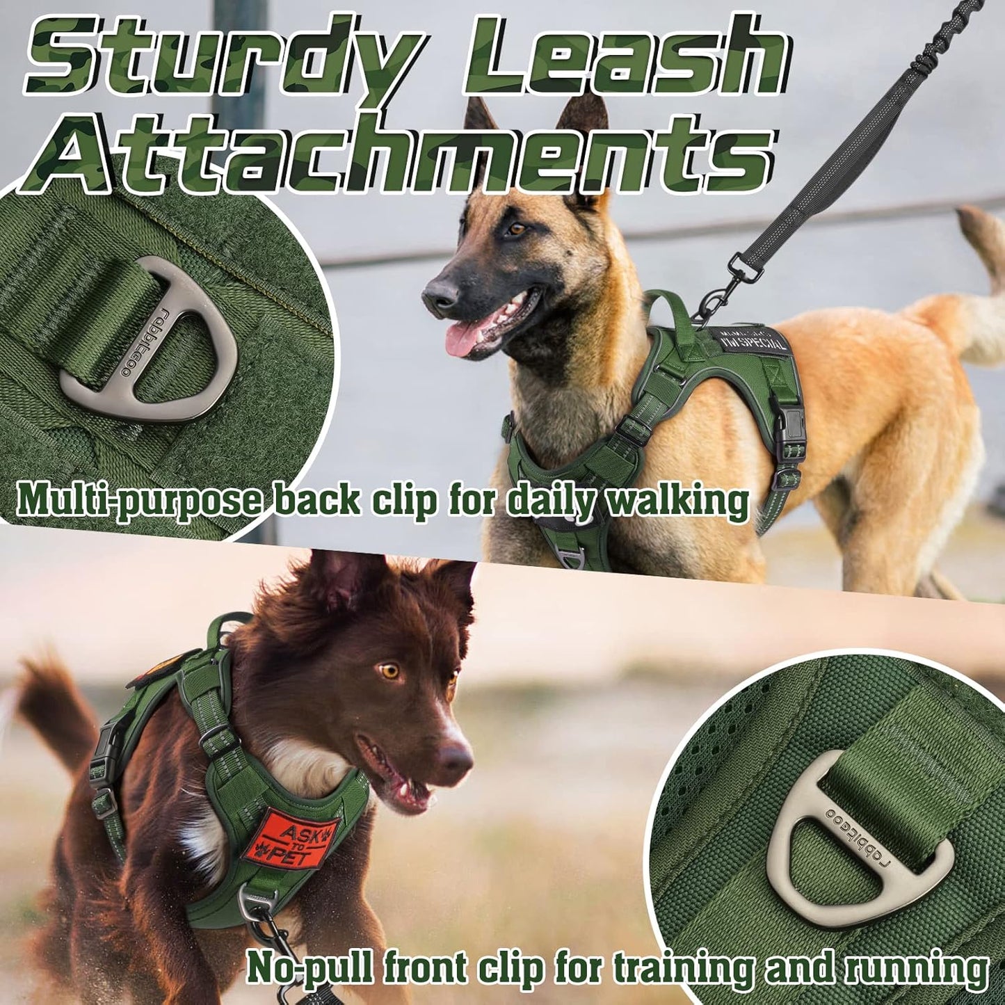 rabbitgoo Tactical Dog Harness for Large Dogs, No Pull Military Service Vest with Handle & Molle, Easy Control for Training Walking, Adjustable Reflective Straps, Green, XL