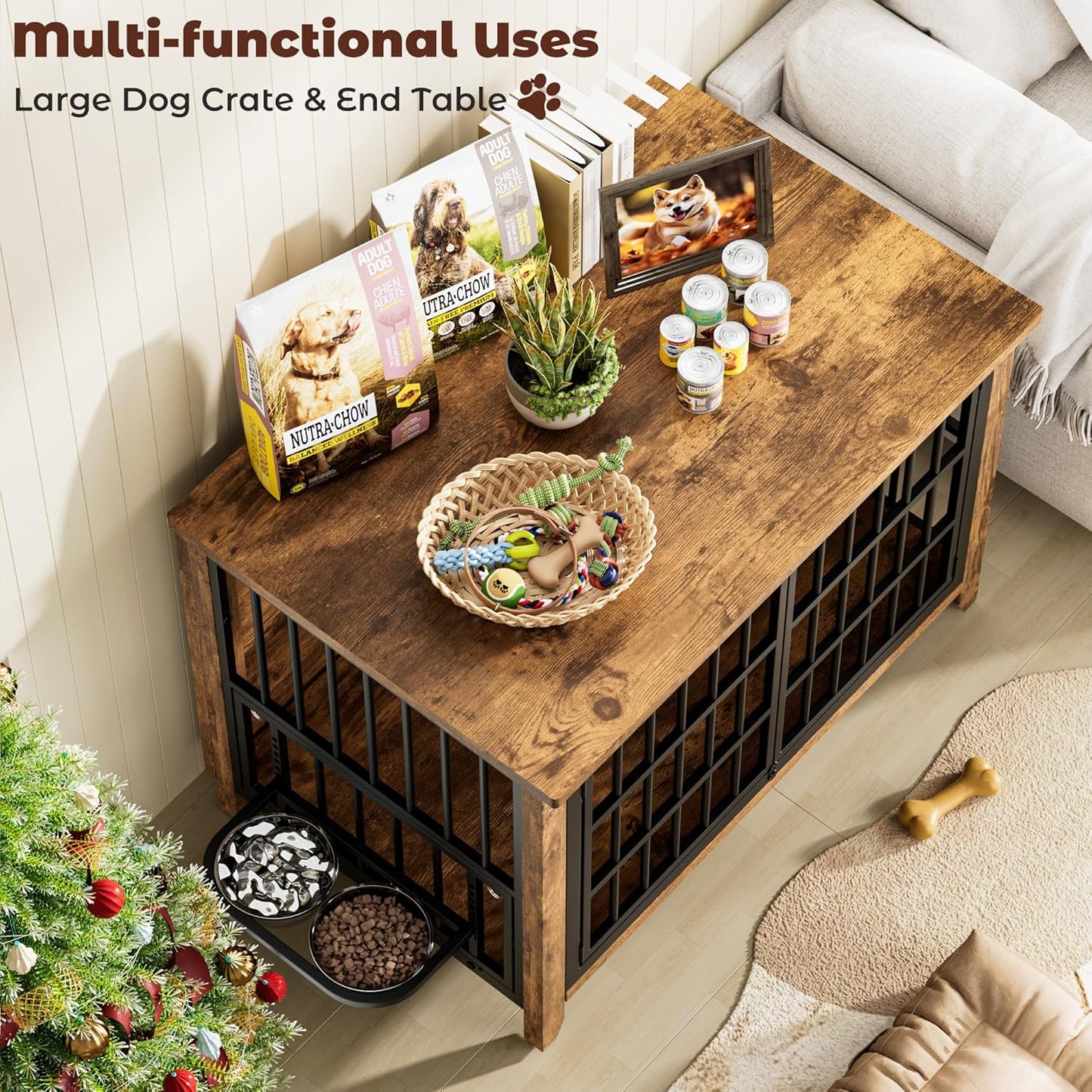 Lulive Wooden Dog Crate Furniture, Large Dog Kennel Indoor with 360ยฐ& Adjustable Raised Dog Bowls, Double Doors Furniture Dog Crates End Table for Large/Medium Dogs 37.8" L*23.6" W*27" H, Brown