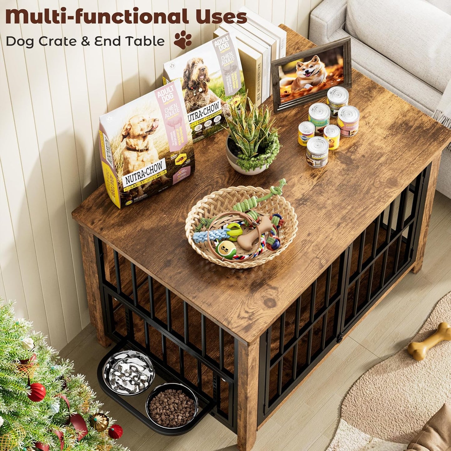 Lulive Dog Crate Furniture, Wooden Dog Kennel Indoor with Adjustable 360ยฐ& Height Dog Bowls, Double Doors Furniture Dog Crates End Table for Small/Medium 31.5" L*22.5" W*25.6" H, Brown