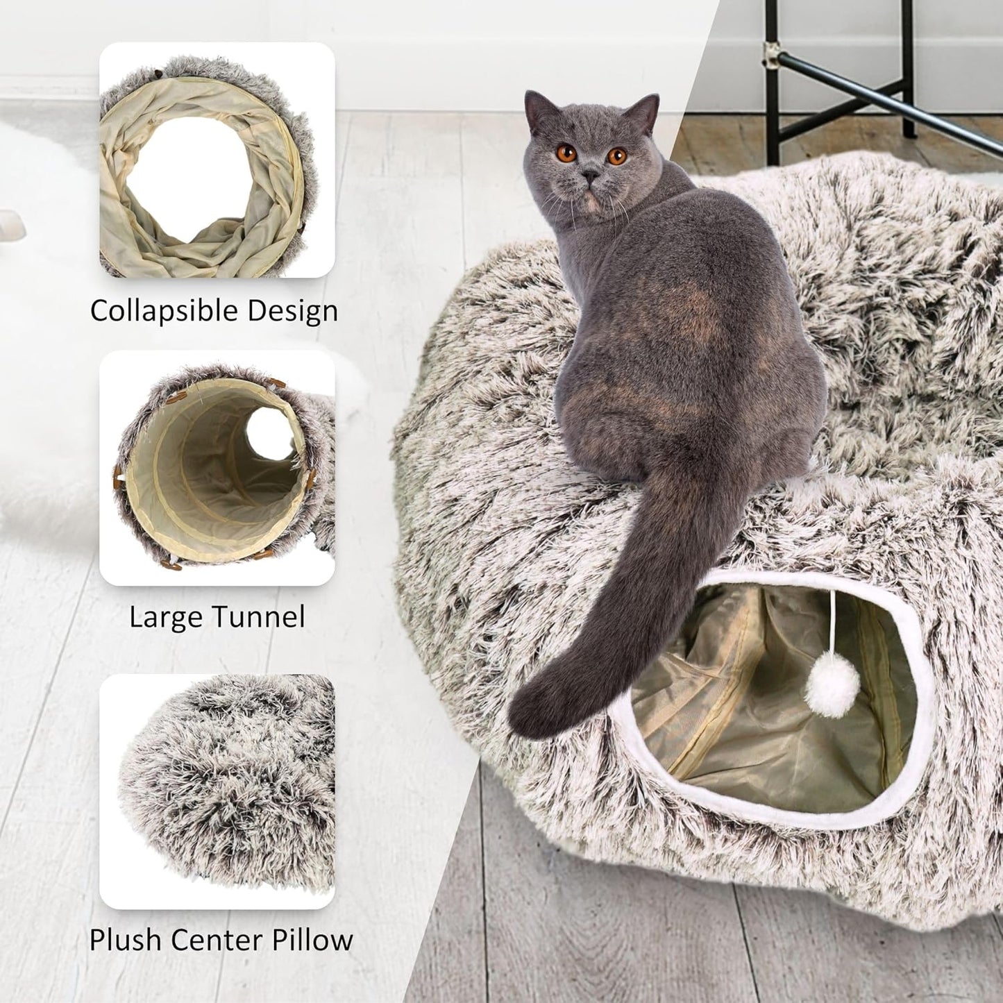 Cat Donut Bed with Washable Cushion – Cat Caves for Indoor Cats – Collapsible Donut Bed with Peekaboo Pet Tunnel Toy – Cozy Hideout for Kittens, Ferrets, Rabbits & Dogs - Brown