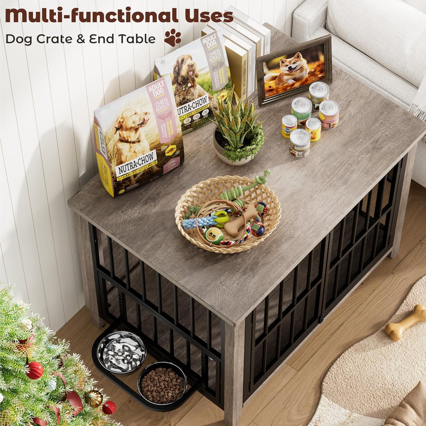 Lulive Dog Crate Furniture, Wooden Dog Kennel Indoor with Adjustable 360ยฐ& Height Dog Bowls, Double Doors Furniture Dog Crates End Table for Small/Medium 31.5" L*22.5" W*25.6" H, Grey