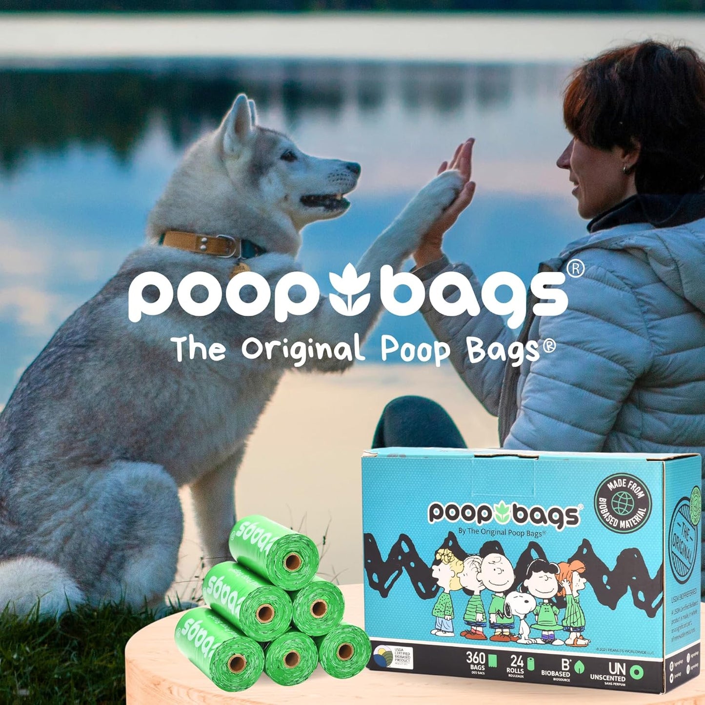The Original Poop Bags® 38% USDA Biobased Pet Waste Bags, Peanuts Design, Leak-Resistant & Durable, Black/Green (720 Count (Pack of 2))