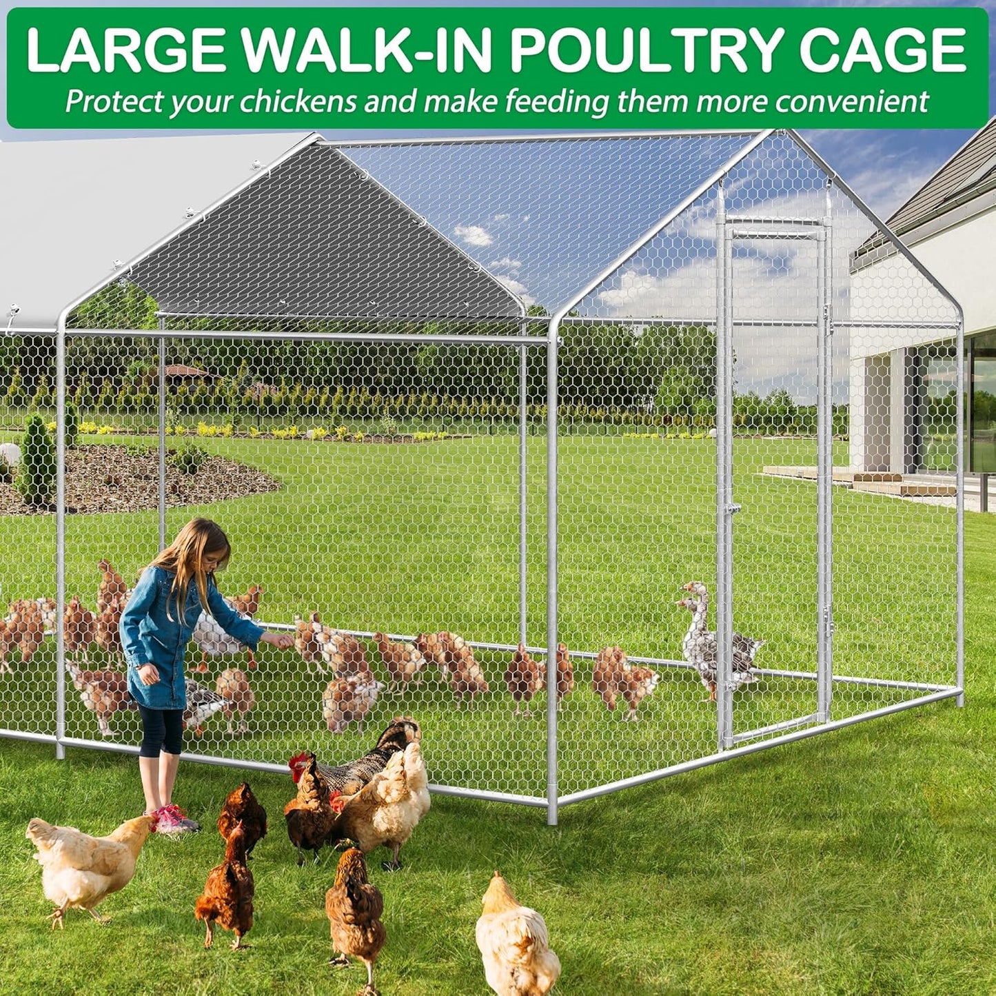 Large Metal Chicken Coop, Walk-in Chicken Run Pen with Waterproof Cover, Spire Roof Poultry Cage Run for Outdoors, Backyard, Farm(9.7'Wx12.99'Lx6.4'H)