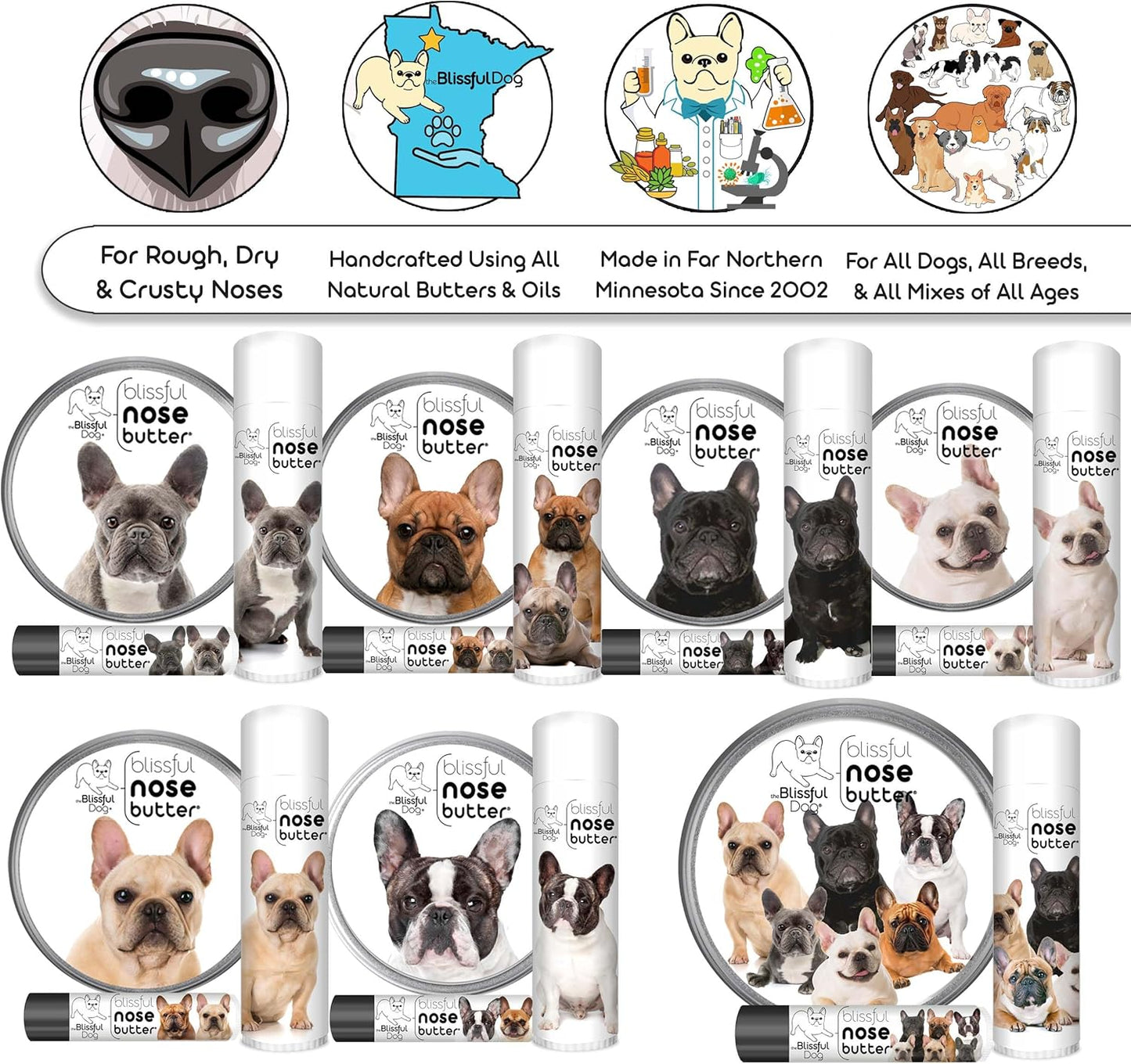 The Blissful Dog French Bulldog Fawn Nose Butter for Dry, Cracked Skin, Lick-Safe Dog Nose Balm with Moisturizing Shea Butter, Almond, Olive, and Essential Oils, Pet Supplies, Uncented, 8 oz.