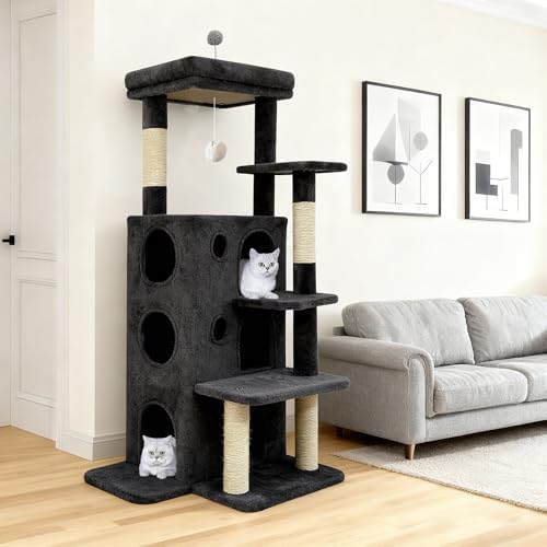 48" Cat Apartment Cat Tree, 3 Cozy Cat Condos, Dark Gray by BaoheDC
