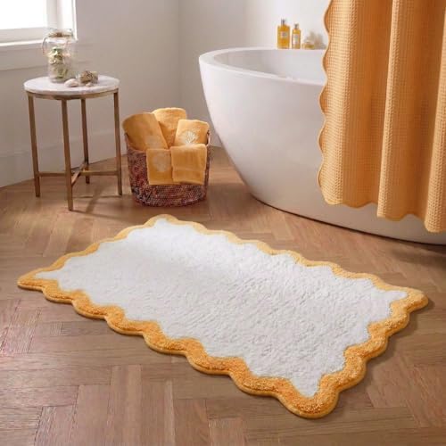 Cute Yellow Scalloped Bathroom Mat, Fun Plush Luxury Microfiber Bath Rug by Casasphere