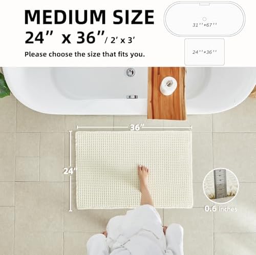TYUU Cream White Waffle Bath Mat, Boho Bathroom Rugs Non Slip - Image 2