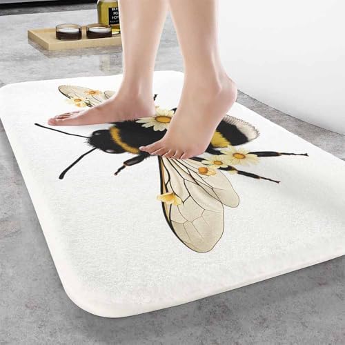 Bee Bath Rugs Wings Flowers Yellow Bee Bug Animal Microfiber Bathroom Mat Soft - Image 2