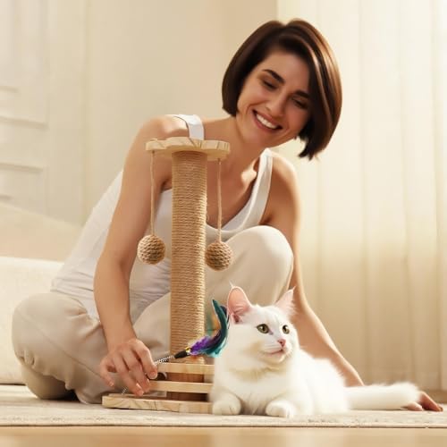 Cat Scratching Post, 4 in 1 Wooden Cat Scratcher Toy, 18.11" Tall Scratch Post - Image 6