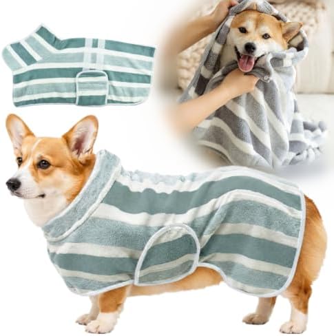 Quick-Dry Dog Bathrobe, Absorbent Striped Pet Towel Coat，Green：L by Unknown