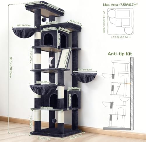 Globlazer 80in XXL Extra Large Corner Cat Tree Tower, Dark Grey - Image 6