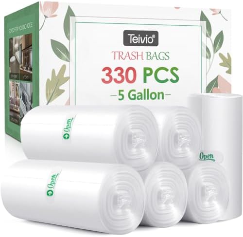 Teivio Clear Trash Bags 5 Gallon 330 Count Unscented Kitchen Garbage Bags by Teivio