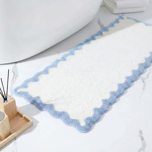 Coastal Decor Cute Blue Scalloped Bathroom Mat, Fun Plush Luxury Microfiber by Casasphere