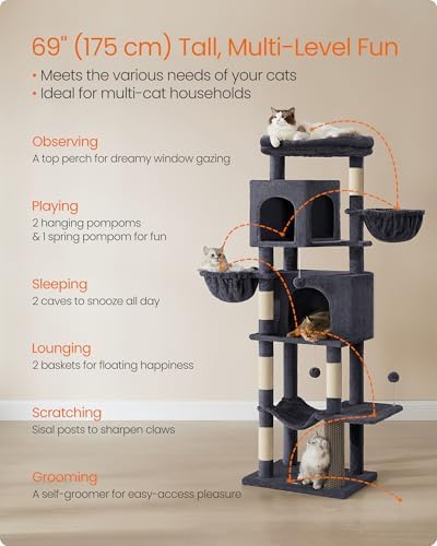 Feandrea Cat Tree, 69-in Large Cat Tower, Dark Gray - Image 3