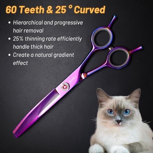7in 25° Curved 60 Teeth Thinning Dog Grooming Scissors - Image 7