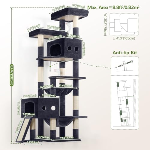 Globlazer 83inch Sturdy Multi-Level Tall Cat Tower, Dark Grey - Image 6