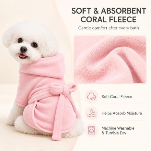 Pink Hooded Pet Bathrobe, Tie-Waist Style - Image 2