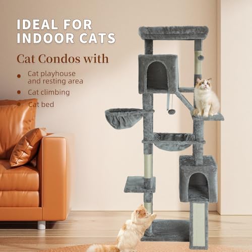 68.9 Inch Upgraded Cat Tree 2 Scratching Boards Beds Hammock Toy Ball Grey - Image 2