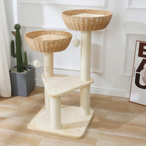 SHENGOCASE Cat Tree Tower with Rattan Wicker Basket, 2 Handwoven Large Nest - Image 4
