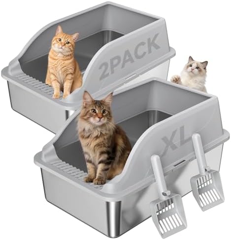 2PACK Stainless Steel Cat Litter Boxes XL Large Metal Pan Include Scoop by KISENG