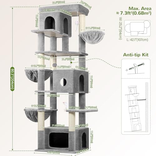 Globlazer Large Cat Tree, 80in Tall Climbing Tower, Light Grey - Image 6