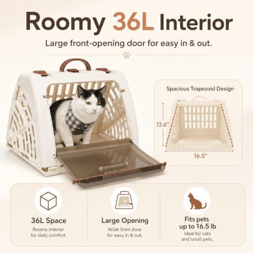 Hard-Sided Cat Carrier for Large Cats up to 16 lbs, Foldable PP Plastic Pet - Image 4