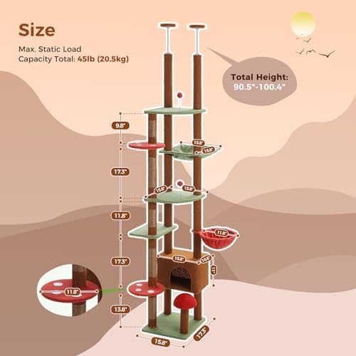 PEQULTI Floor to Ceiling Cat Tree Tower, Height Adjustable 230-252cm - Image 4