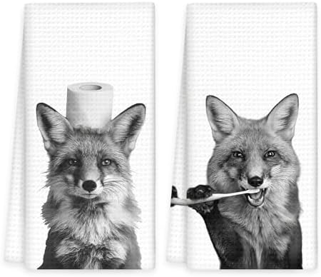 Funny Fox Hand Towels Set of 2, Fox Decor by OINDADE