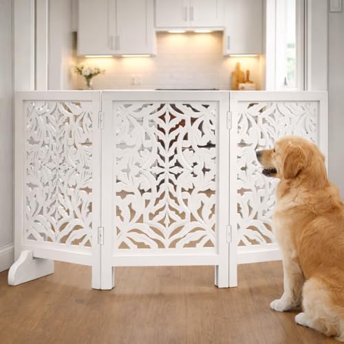 Wooden Dog Gate 54x24, 3 Panel Foldable Pet Gate, Indoor White - Image 4