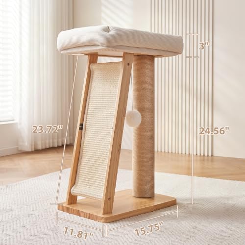 27.5" 3-in-1 Natural Pine Wood Cat Scratching Post - Image 2
